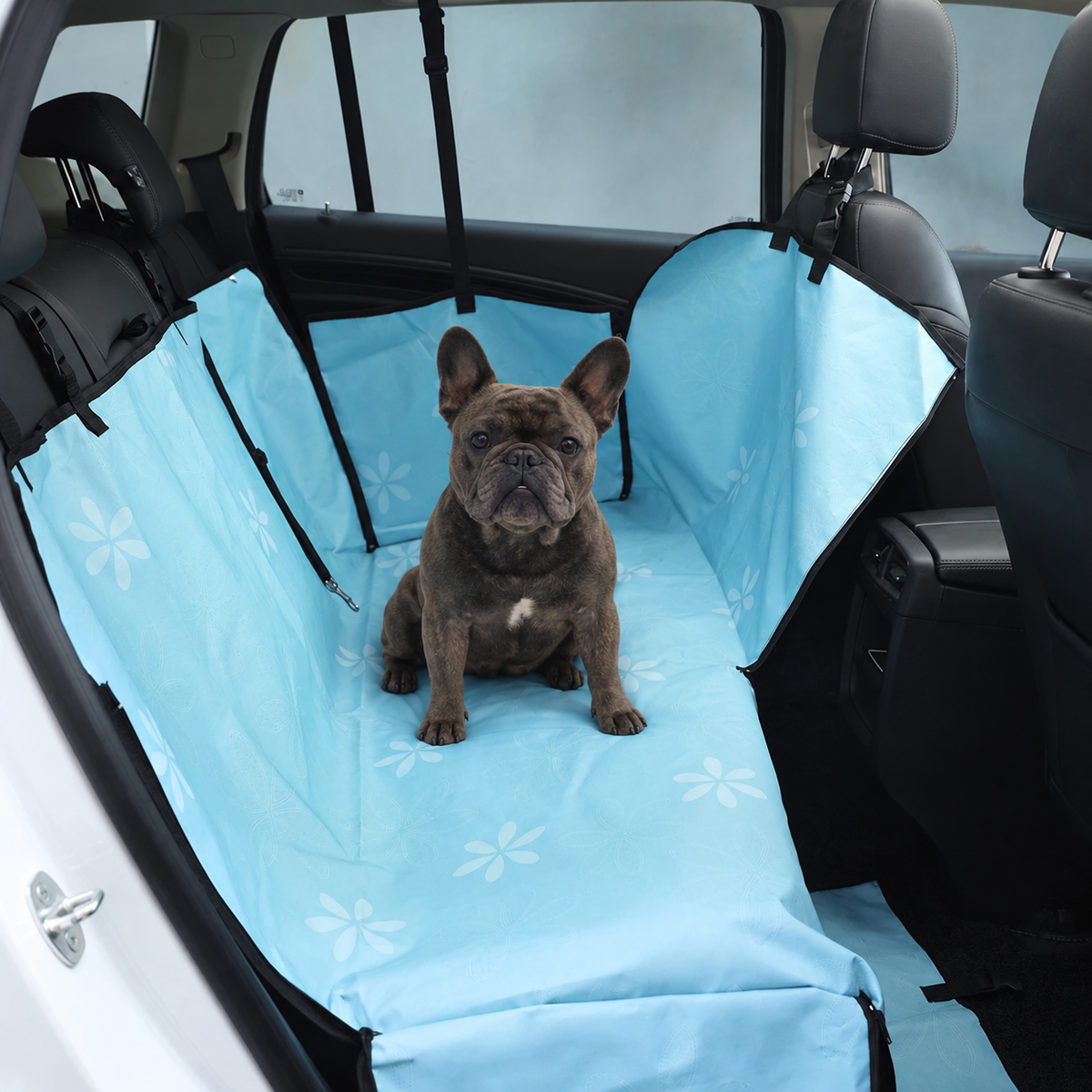 Ragnar seated on the blue floral Bench Seat Pet Cover inside a car.