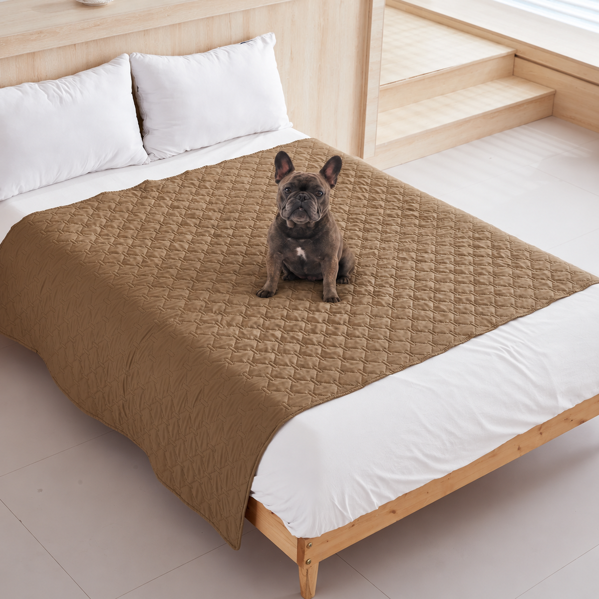 Ragnar seated on the khaki quilted Pet Furniture Cover Blanket on a bed.