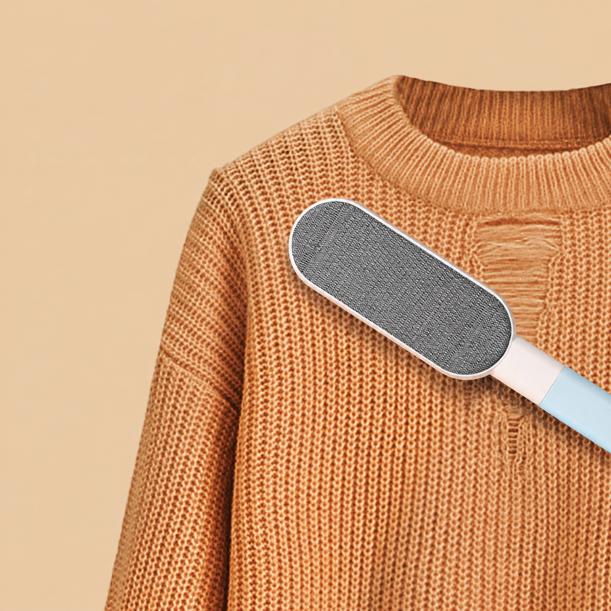 Blue double-sided pet hair brush resting on an orange knit sweater.