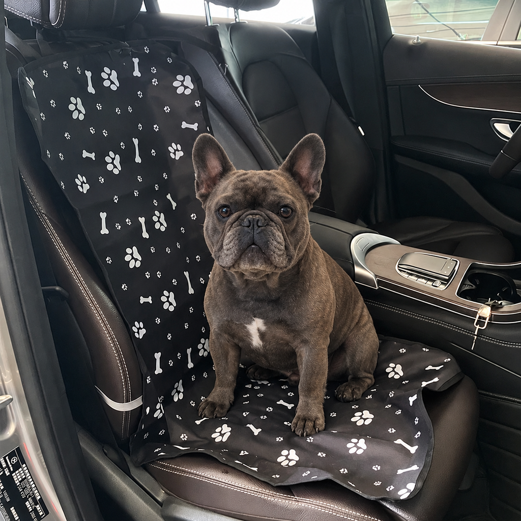 Ragnar seated on the black paw-and-bone patterned Single-Seat Pet Cover.