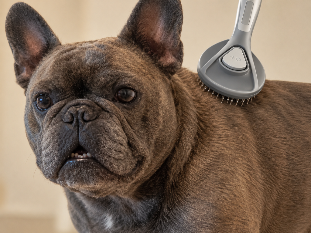 Ragnar receiving a gentle grooming stroke on his shoulder with the gray Self-Cleaning Slicker Brush; the handle extends beyond the top of the frame.
