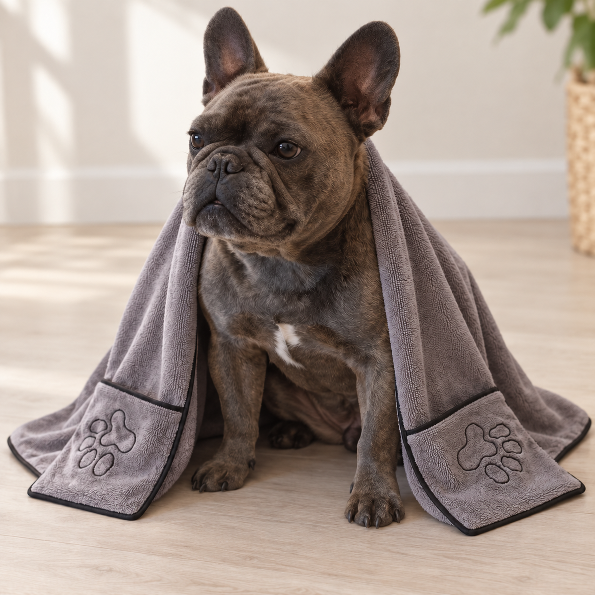 Ragnar looking off-camera with the gray hand-pocket pet towel draped over his back; both embroidered pockets are visible.